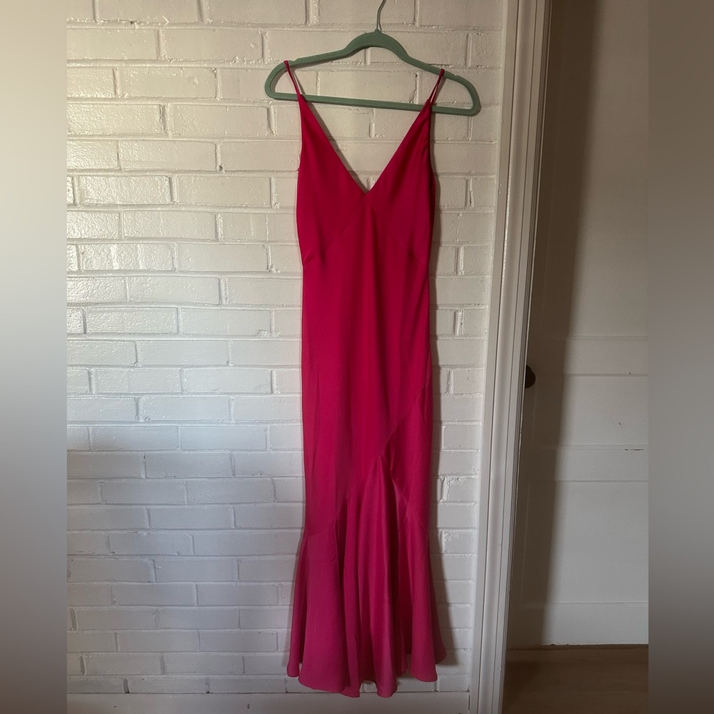 Hot pink satin dress with slit, size 6